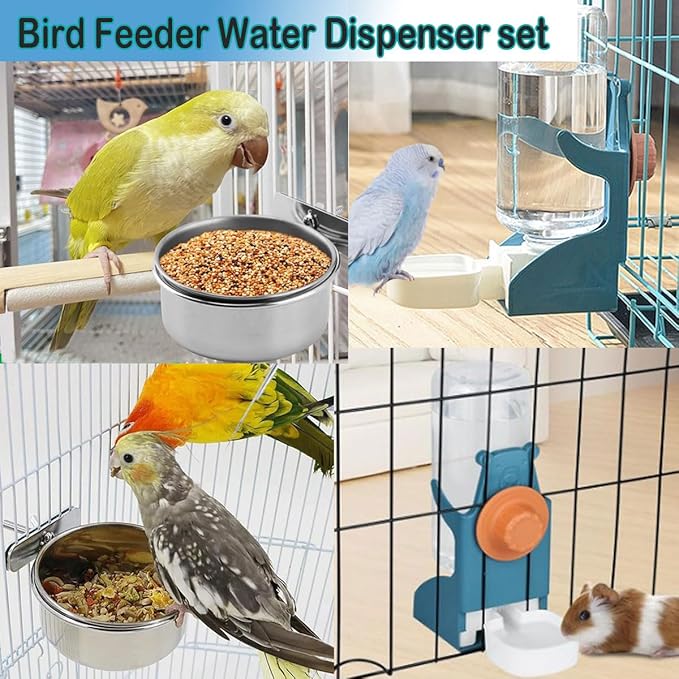 2 Pcs Bird Water Feeder, Automatic Bird Water Dispenser & Stainless Steel Bird Food Bowl, Cage Accessories for Parrot & Hamster Parakeet Cockatiel Budgie Lovebirds (Feeders & Water)