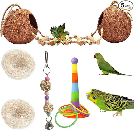 kathson 5PCS Bird Hides Coconut Nest with Ladder Perches Hanging Parrot House Cage Natural Coconut Fiber Parakeet Chewing Toys Intelligence Training Rings for Small Budgies Cockatiels