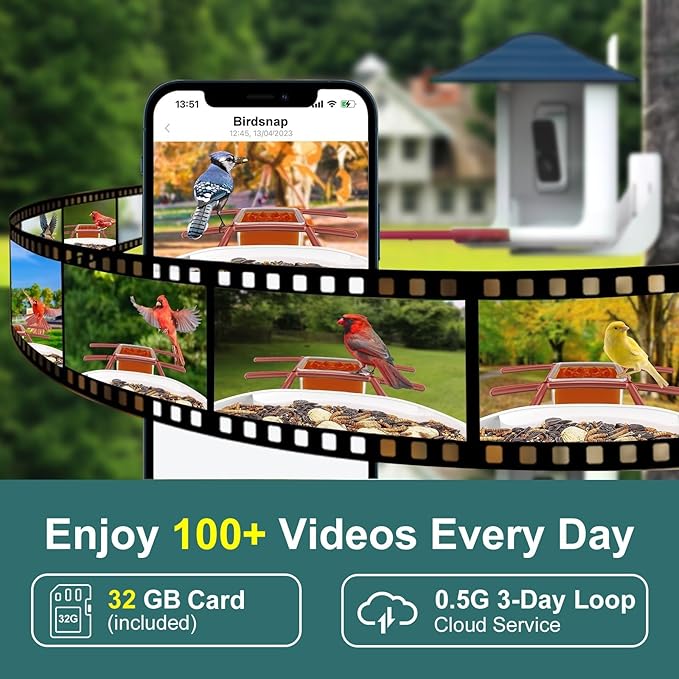 birdsnap® TUC Bird Feeder with Camera 2K HD Live with 32GB Card Auto Detect & Notify AI Identify Camera Birds Feeders Solar Powered Wireless Outdoors Backyard Gift for Mom Dad Birds Lover, 2.4G WiFi