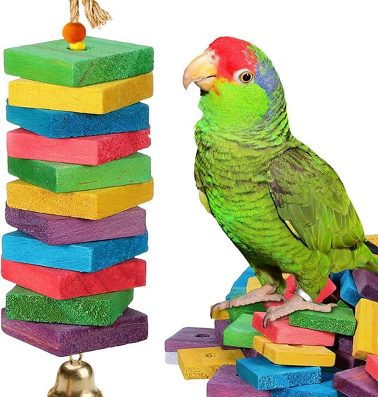 NOLITOY 100Pcs Wooden Parrot Chewing Toy Blocks with Hole Bird Bite Toy for Cockatiels Parakeets Macaws African Grey DIY Wood Chip Design for Pet Entertainment and Skill Development