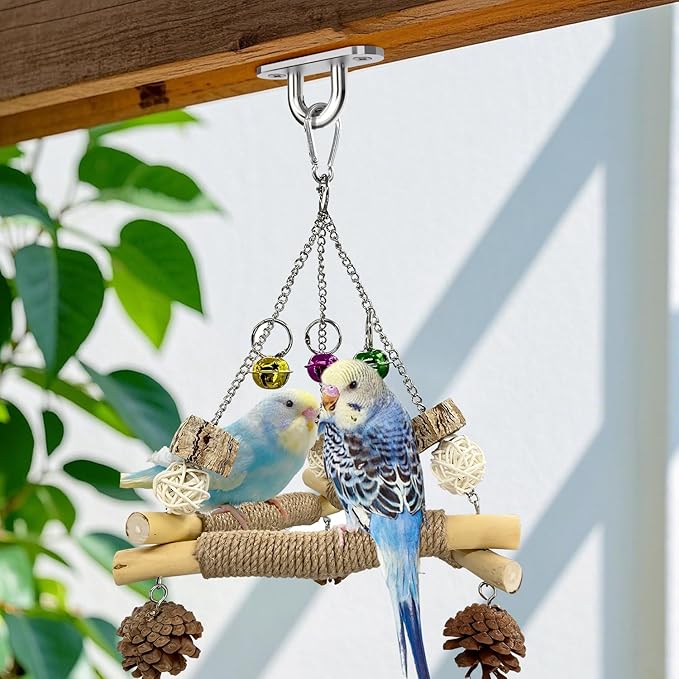 New with Bell! Wooden Bird Swing for Cage, 3-in-1 Hanging Parrot Toy with Chew Toys, 3 Sisal Perches & Stable Triangle Design for Parakeets, Cockatiel, Conures, Lovebirds, Quaker Parrots