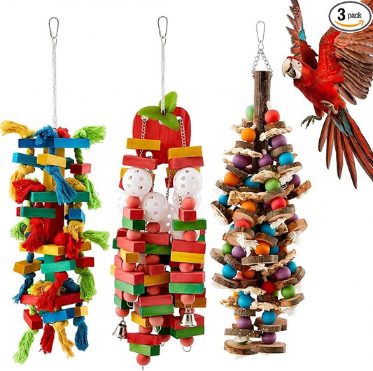 Seenelling 3 Pcs Extra Large Bird Parrot Toy Multicolored Natural Wooden Parrot Cage Chewing Toys for Large Medium Macaws Cockatoos African Grey Birds (Block and Ball)
