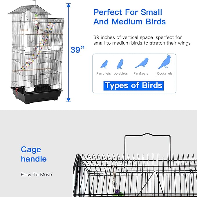 BestPet 39 inch Roof Top Large Flight Parrot Bird Cage Accessories Medium Roof Top Large Flight Cage Parakeet Cage for Small Cockatiel Canary Parakeet Sun Parakeet Pet Toy (Black)
