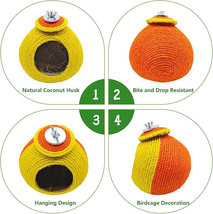 Bird Nest,Parrot Breeding House,Parakeet Natural Coconut Shell Hut,Hanging Budgie Nesting House with Coconut Fiber,Cockatiel Bed for Conure Lovebird Finch Birds,Orange&Yellow