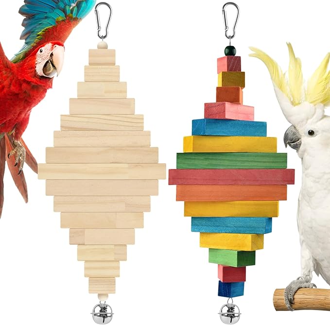 DBNESS 2 Pcs Bird Toys, 15.94in Large Parrot Foraging Toys for Beak Grinding, Wooden Block Bird Chewing Toys for Macaws Eclectus Cockatoo African Greys Amazon Parrots