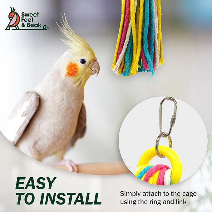 Sweet Feet & Beak Cotton 2x8” Bird Rope Toy - Colorful Parrot Chew Toys for Shredding & Chewing - Engaging & Stimulating Bird Toys for Parrots, Small Birds - Cage Accessories