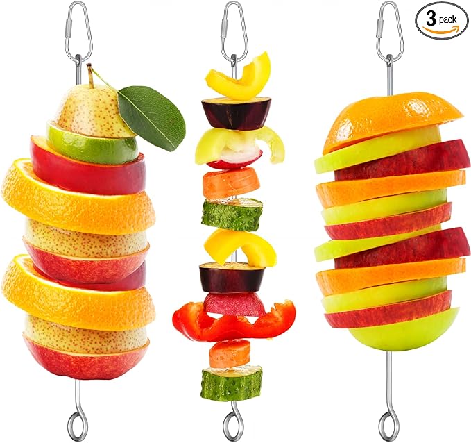 3 Pcs Bird Cage Food Holder Parrot, Stainless Steel Parrot Fruit Vegetable Stick Holders, Bird Food Treats Skewer, Birds Cage Feeder Foraging Toy Hanging Rodent Toy for Parakeet Budgie Macaw