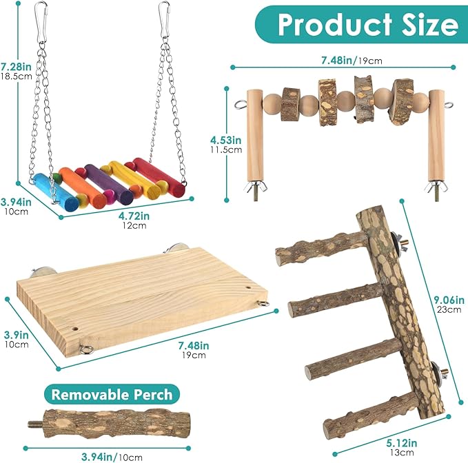 DBNESS 4 Pcs Bird Perch with Swing, Parrot Perches Platform with Chew Blocks, Natural Climbing Ladder Bridge Colorful Hammock for Budgies, Cockatiels, Lovebirds, Finches