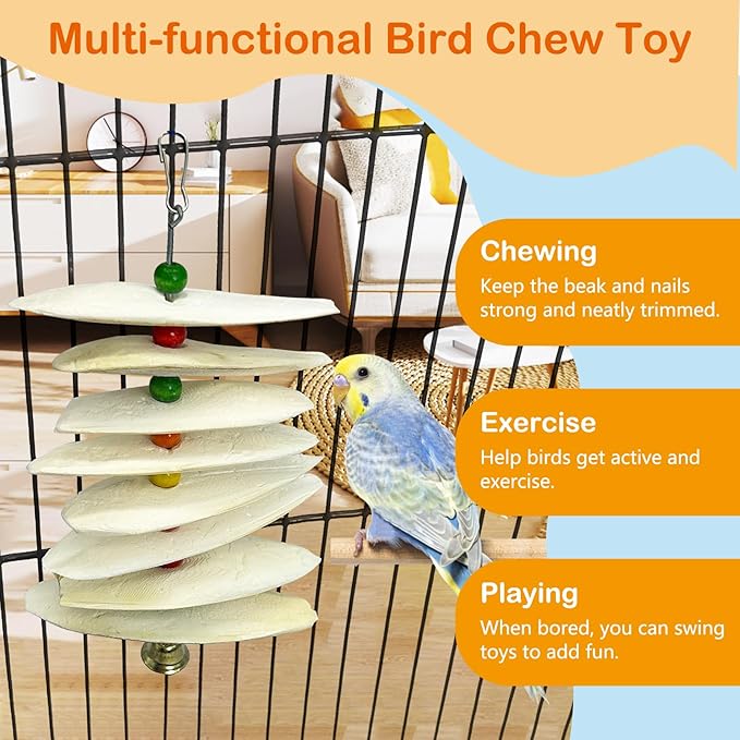 3 Pack Bird Toys with Cuttlebone,Parrot Toy Bird Beak Grinding Stone Parakeet Cage Accessories for Small & Medium Budgies Lovebirds Cockatiels (Flake,8 Per Skewer)