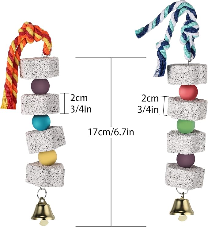 Sanwuta 4 Pack Bird Toy Bird Beak Grinding Stone Parrot Chewing Toys with Bell Bird Cage Accessories Parrot Beak Stone Lava Block Calcium Stone for Parakeet Cockatiel Conure Hamster Chinchilla Rabbit