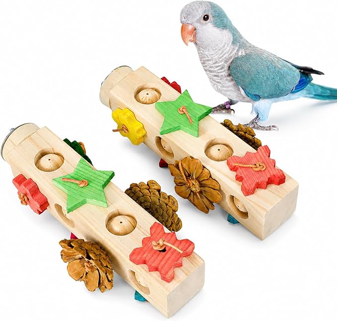2 Piece Wooden Bird Perch Bird Toys, Wooden Parrot Toys, Birds Chew Toy Cage Accessories for Small to Medium Budgies, Cockatiels, Parakeet, Conures, Ideal for Beak-Grinding