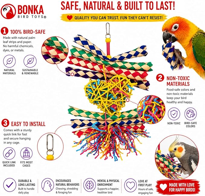 Bonka Bird Toys 1730 Foraging Valentine Heart Bird Toy for Medium Birds Shredding and Chewing Cage Toy Colorful Palm Leaf and Paper Foraging Toy 9" x 6" (Pack of 2)