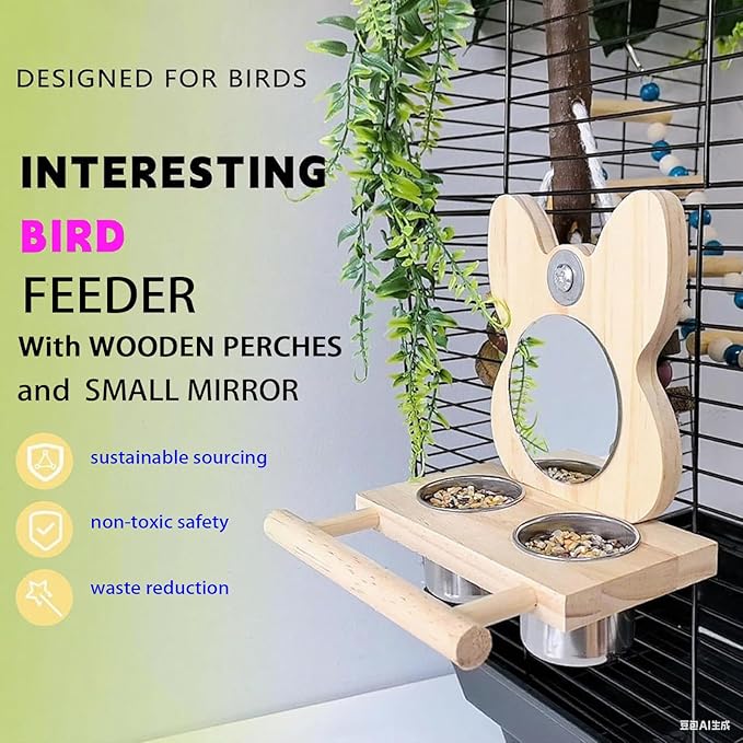 Bird Feeder with Stainless Steel Dish, Natural Wood Perches & Mirror - Easy Clean/Refill for Cockatiels, Lovebirds, Canaries, Finches, Budgies & Small/Medium Birds - Parrot Cage Accessories