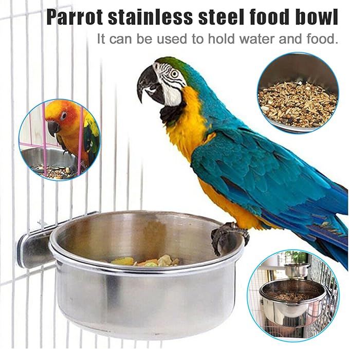 PINVNBY Parrot Feeding Dish Cups,Stainless Stee Bird Feeder Birds Food Water Bowls with Clamp Holder,Parakeet Cage Dish Perch Stand Toys(3 Pcs)