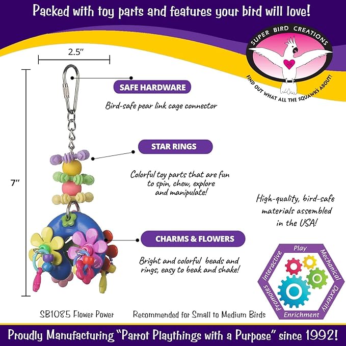 Super Bird Creations SB1085 Flower Power Bird Toy, Small/Medium Bird Size, Ideal for Cockatiels, Parakeets, and Parrots - 7" x 2.5" x 2"