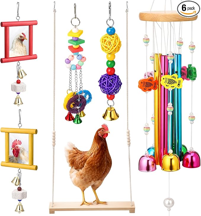 Soulchen 6 Pieces Chicken Toys for Coop Chicken Wind Chime Enrichment Toys Kits Chick Mirror with Bells Swing Hanging Chick Rattan Ball Loofah Bell for Coop Hens Chicks Poultry Birds Parrots