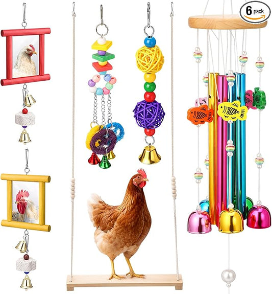 Soulchen 6 Pieces Chicken Toys for Coop Chicken Wind Chime Enrichment Toys Kits Chick Mirror with Bells Swing Hanging Chick Rattan Ball Loofah Bell for Coop Hens Chicks Poultry Birds Parrots