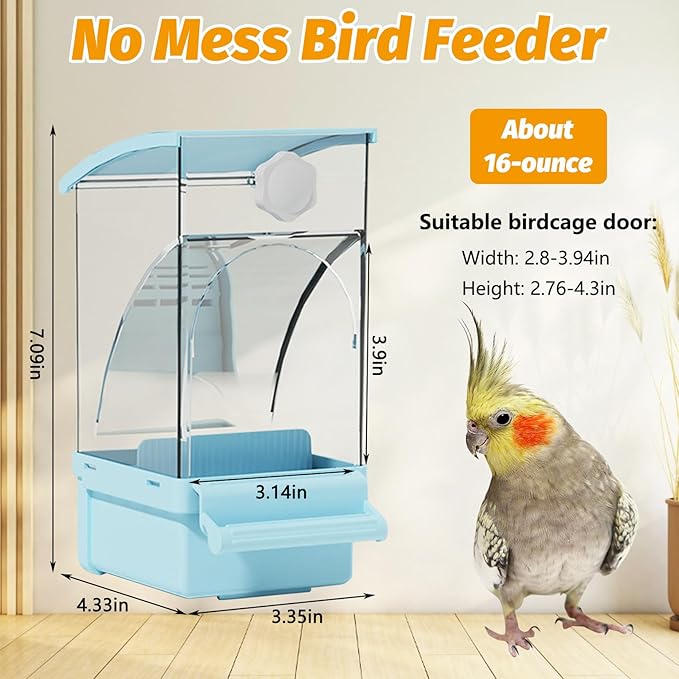 BNOSDM No Mess Bird Feeder Transparent Automatic Bird Cage Feeder with Perch Acrylic Parrot Food Container Parakeet Cage Accessories for Parakeets, Budgies, Cockatiel, Finch, Canary, Lovebird (Blue)