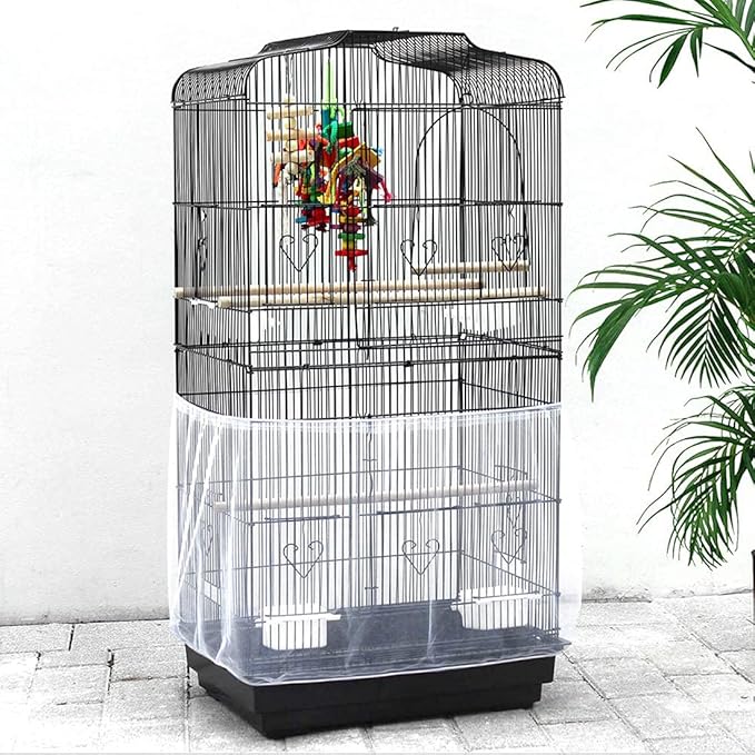 Universal Bird Cage Seed Catcher,Seed Catcher Guard Net Cover,Parrot Nylon Mesh Net Cover,Soft Airy Cage Net Stretchy Skirt for Round Square Cages (Circumference 74 inch to 118 inch，White)