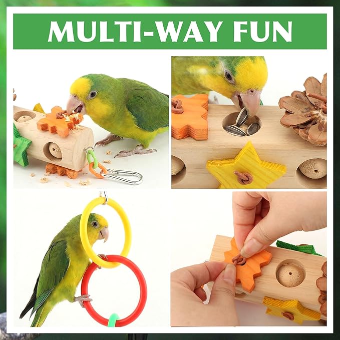 Natural Wood Parrot Chew Toys, 3 Pack Hanging Bird Foraging Toy with Wooden Blocks, Pine Cones & Climbing Rings, Bird Cage Accessories for Parakeet, Cockatiel, Macaw, African Grey Parrot