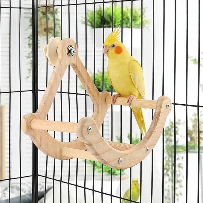 Bird Perch Toy, Wooden Interactive Rocking Parakeet Toys & Perches, Exercise Wheel Cockatiel Toys, Intelligence Puzzle Birds Enrichment Toy Bird Playground for Budgies Conure (Wood)