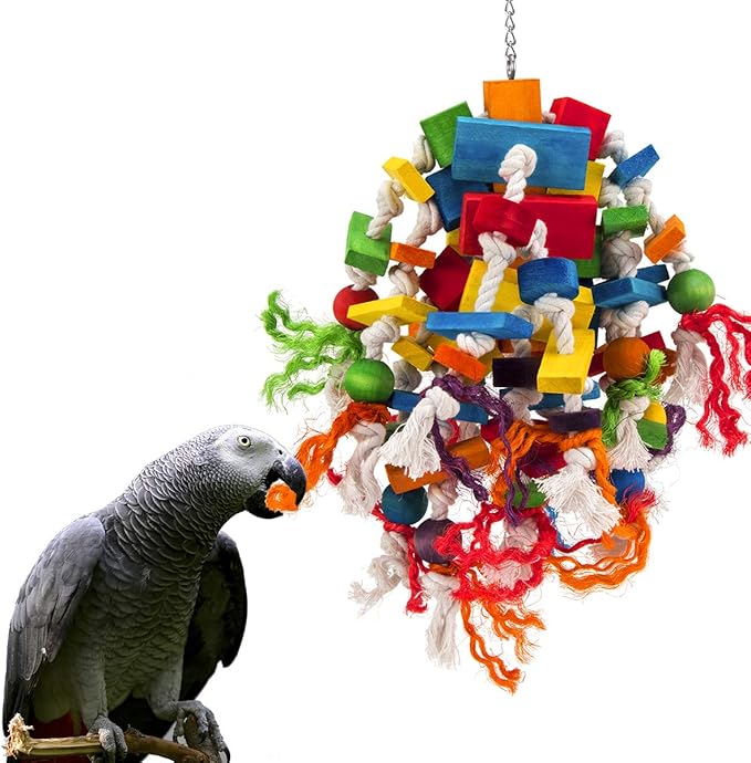 Large Parrot Toy - Multicolored Natural Wood Blocks Tearing Toys for Birds Suggested for African Grey, Macaw and Amazon Parrots