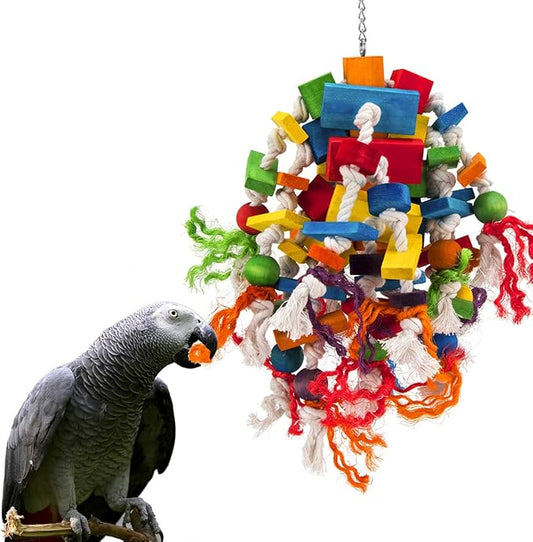 Large Parrot Toy - Multicolored Natural Wood Blocks Tearing Toys for Birds Suggested for African Grey, Macaw and Amazon Parrots