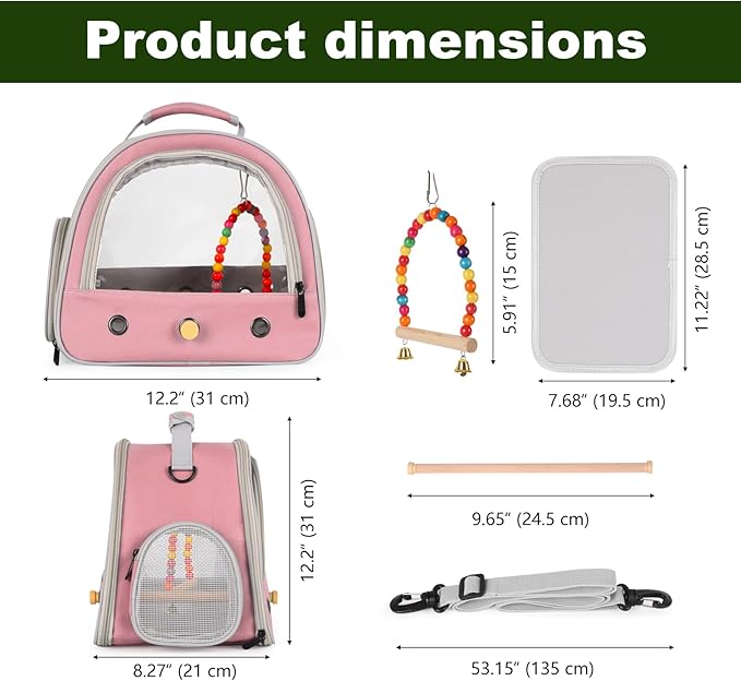 Portable Parrot Travel Cage Carrier with Small Swing Toy&Cage Colorful Toys Set Small Bird Parakeet Bag with Standing Perch Bird Carry Transport Bag (Pink, Carrier/Swing)