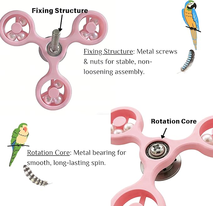 Spinning Bird-Toys Bird Cage Toys & Bird Perch Parrot-Parakeet Budgie Cockatiel Conure Macaw Chicken Parrot Enrichment Cage Accessories Small Animal Chewing Toy (Pink Spinner)
