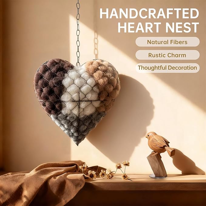 Handmade Alpaca Fiber Bird Nesting Heart, Refillable Nesting Material Accessory for Wild Birds, Outdoor Garden Decoration, Gift for Bird & Nature Lovers, Hummingbird Nesting Material (1 set)