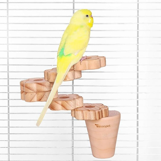 Natural Wood Bird Ladder Perch Toy - Chewable Safe Parrot Climbing Toy for Cockatiel, Finch & Other Small to Medium Birds, Bird Cage Accessories with Easy Screw Installation (Floral Pattern)