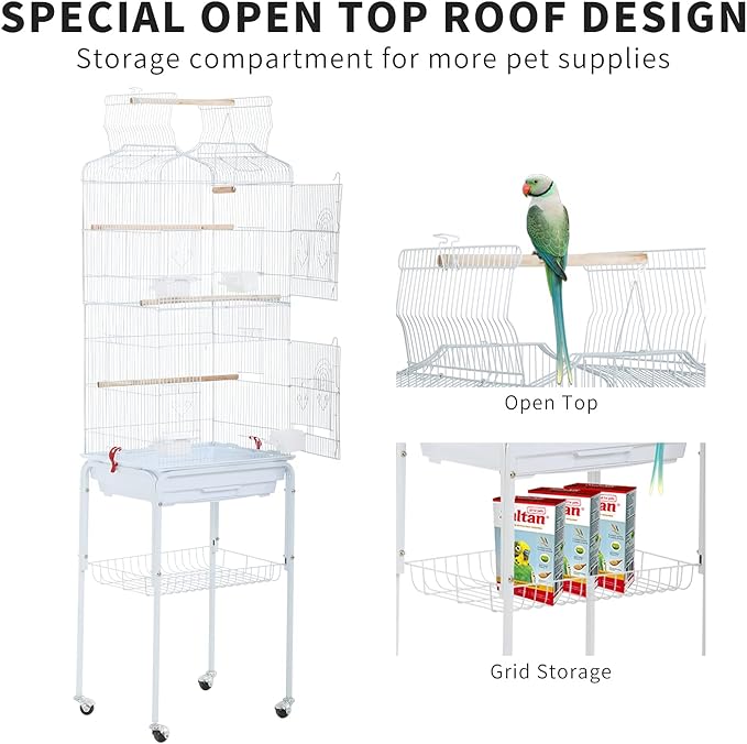 HCY Open Top Standing Bird Cage 64 Inch with Rolling Stand for Parakeets Cockatiel Parrots Lovebirds Medium Small Bird Cage-White L17 * W13 * H64 inches