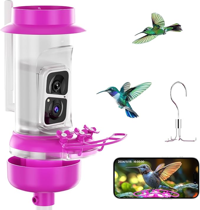 Soliom Hummingbird Feeder with Camera, Smart Feeder Camera with 2K Live View AI Identify, Leak Proof&Ant Moat&Bee Proof, Outdoor Pole/Hook Hanging, Ideal Gift for Family, 16 OZ Pink