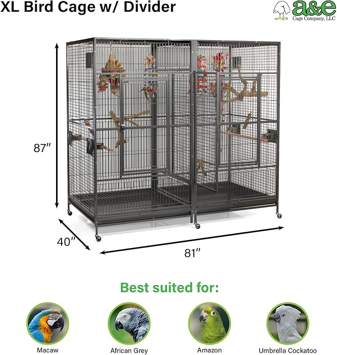 A&E Cage Co 8040FL Double Macaw Cage 80"x40"x74" Extra Large Parrot Cage with Divider, Swing-Out Feeder Doors, Stainless Steel Bowls & Perches, Heavy Duty for Macaws Cockatoos