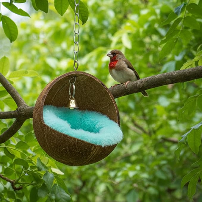 Natural Coconut Shell Bird Nest House, Anti-Pecking Bite with Warm Pad and Bell, Hanging Budgie Tent Beds with 8 Accessories for Bird Parrot Budgie Parakeet Cockatiel Conure Lovebird