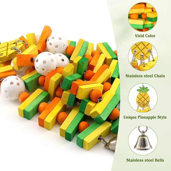 Large Wooden Bird Toys for Parrots, Cockatoos, Cockatiels, and Parakeets, Safe and Durable Shredding Cage Toy for Engaging Play (Pineapple)
