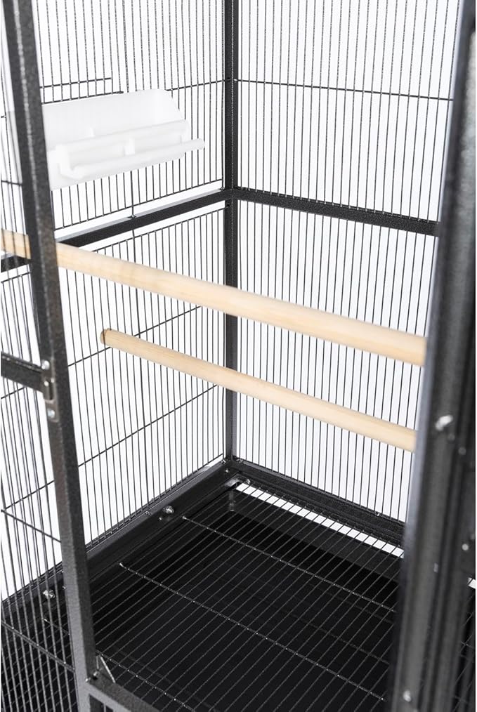 Prevue Pet Products Flight Cage with Stand - Large Metal Bird Cage with Removable Tray, Wood Perches, Double Feeders & Storage Shelf on Rolling Casters, Ideal for Small to Medium Birds - Black