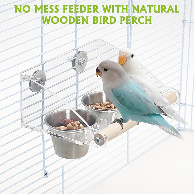 BNOSDM Bird Feeder for Cage with Double Stainless Steel Food & Water Bowls Anti-Slip Wood Perch Stand with No Mess Acrylic Seed Catcher for Parrot, Budgie, Parakeet, Lovebird, Canary, Finch,Conure