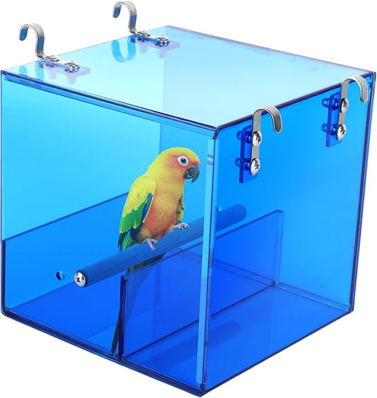 Automatic Bird Feeder Residue-Free Bird Cage Pet Feeder Seed & Pellet Container for Long-Tailed Parrots, Budgerigars, Canaries, Cockatiels, Lovebirds Acrylic Material Blue 6.3 x 6.3 x 6.3 Inches
