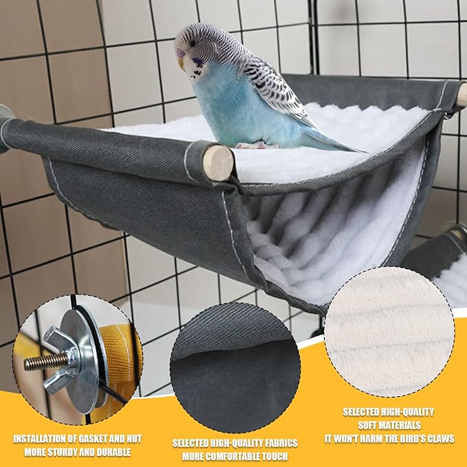Winter Warm Bird Nest Bed, Parrot Hanging Hammock Snuggle Hut and 5 Rattan Balls, Parrot Hanging Bed Cage House Bird Cage Stand Perch for Parakeet Budgies Cockatiels Hamster Chinchilla (Grey)