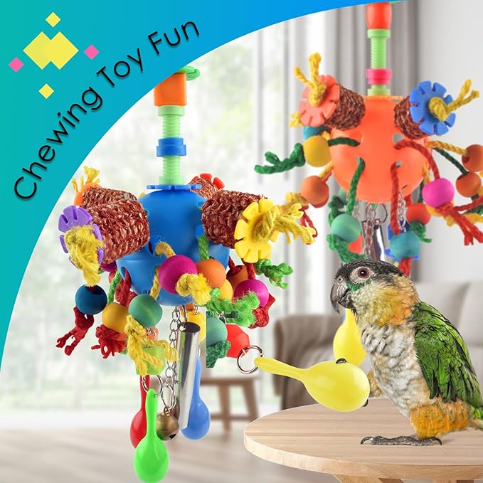 KATUMO Bird Toys, 2PCS Parakeet Foraging Shredder Hanging Toys with Sola Balls Sand Hammer, Parrot Ball Treats for Conure Mini Macaw Cockatiel Lovebird Small-Medium Birds