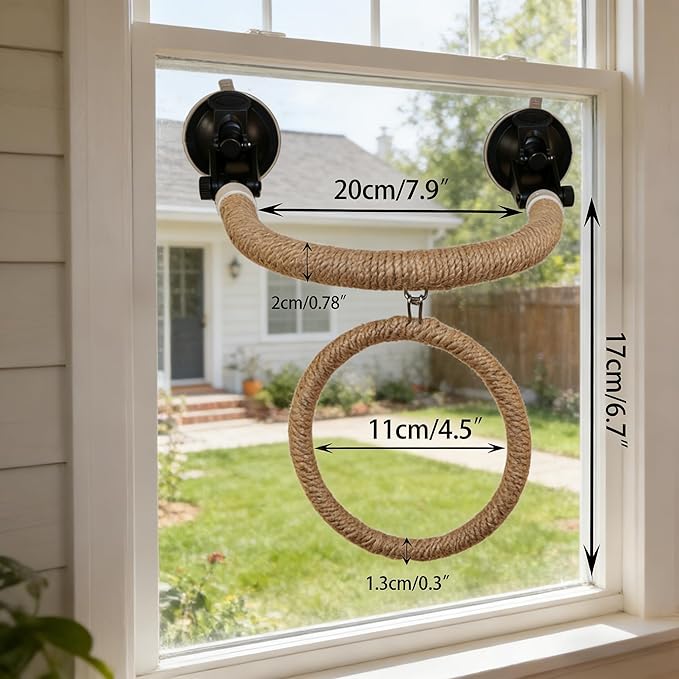 Natural Flax Bird Perch Stand, Strong Suction Cups Bird Window Perch | Movable Parrot Training Perch for Window Mirror Car Tiles | Universal for Budgie, Cockatiel, Conure (U-Shaped Perch + Swing)
