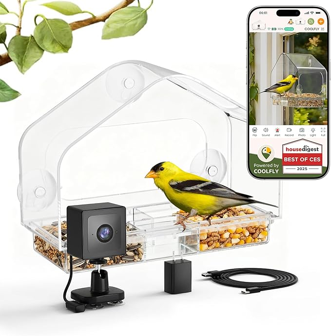 Smart Window Bird Feeder with 2K Camera & AI Identification, Strong Suction Cup Mount, All-Weather Design, Real-Time Alerts, Easy to Install, for Apartments & Homes, for Bird Lovers