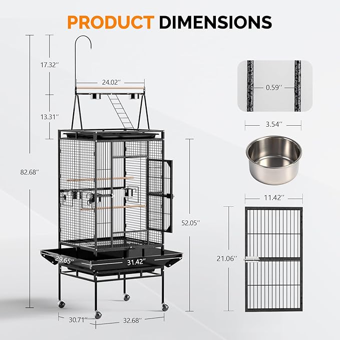 VINGLI 83 Inch Bird Cage with Play Top, Large Wrought Iron Bird Cage with Wheels, Rolling Parakeet Cage with Removable Tray for Cockatiels Lovebird Finches Canaries