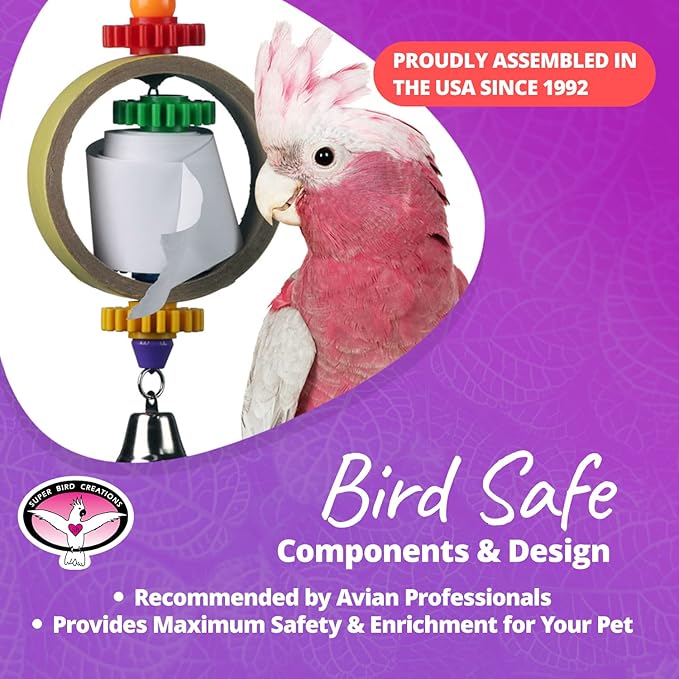 Super Bird Creations SB628 Tape Dispenser Bird Toy - Cardboard Bagel with Machine Paper, Chewable & Shredding Components, Sensory Bell, African Greys Parrots Small Cockatoos, Large Bird Size 14"x5"