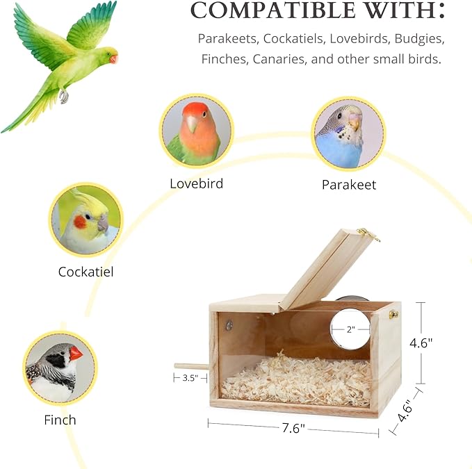 Parakeet Nesting Box with DIY Letter Sticker, Acrylic Transparent Panel & Perch, Natural Wood Breeding Box for Small Birds (Parakeets, Cockatiels, Lovebirds, Budgie), Easy to Install