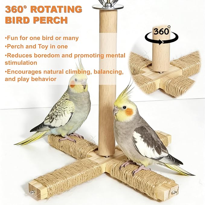 360° Rotating Bird Perch Stand - 4 Perches + 5 Natural Chew Strand, Natural Bird Cage Accessories, for Small & Medium Birds Parakeets Cockatiels Lovebirds Budgies