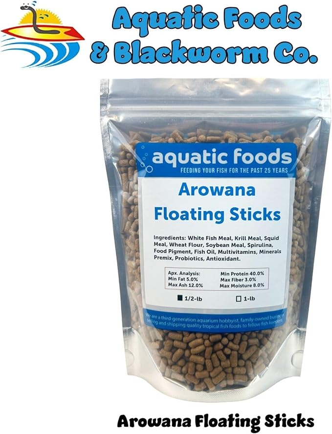 Arowana 3/16" x 3/8" 40% Protein Floating Sticks for Arowana, Oscars, Flower Horns, Red Parrots All Central and South American Cichlids...WL…1/2-lb Foil Pouch Bag