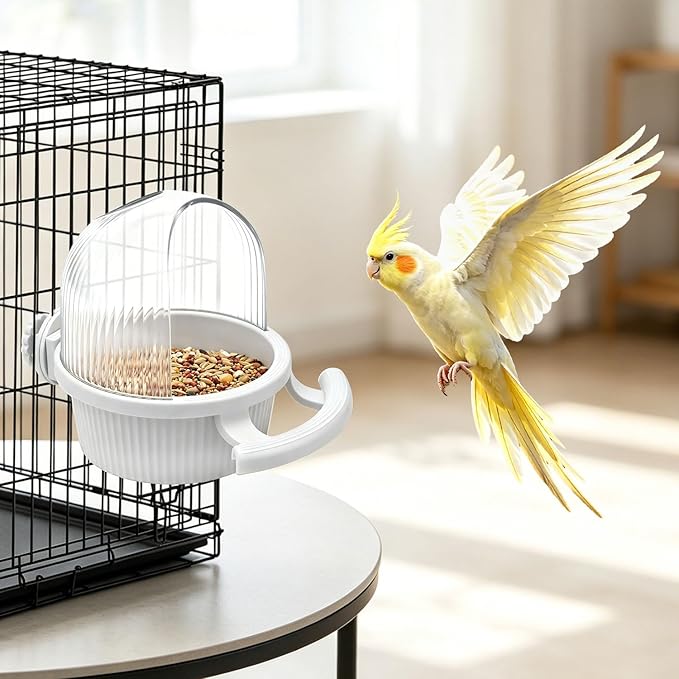 Litewoo No Mess Bird Feeder for Cage Parrot Feeder with Dispenser Multifunctional Bird Seed Food Water Bowl for Parrot Lovebird Budgie Finch Parakeet Conure Cockatiel (White)
