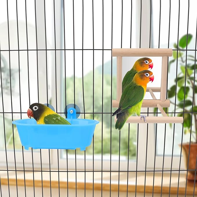Wontee Bird Bath Parrot Bathing Tub Bird Mirror with Perch Toys for Budgies Parakeets Cockatiels Lovebirds Finches Canaries (Blue (A))